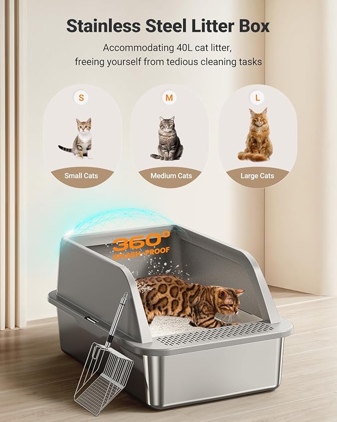 XL Stainless Steel Litter Box, Extra Large Metal Cat Litter Box with High Sided for Big Cats, Enclosed Litter Boxed with Lid, Easy-Clean Cat Litter Mat & Scoop Kit, Anti-Urine Leakage (Grey)