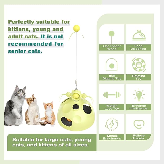 Cat Toy, 4-in-1 Cat Interactive Toys for Indoor Cats, Hide and Seek Cats Toys, Spinning Toy and Kitty Food Dispenser Feeder Treat Dispensing Feeding Toy (Green)