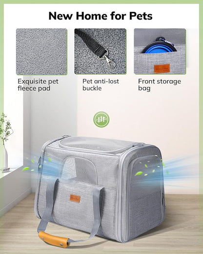 Morpilot Pet Travel Carrier Bag, Soft-Sided Dog Carrier Cat Carrier Pet Carrier, for Large Cats and Medium Puppies up to 25lbs, w/Locking Safety Zippers, Foldable Bowl (Light Gray)
