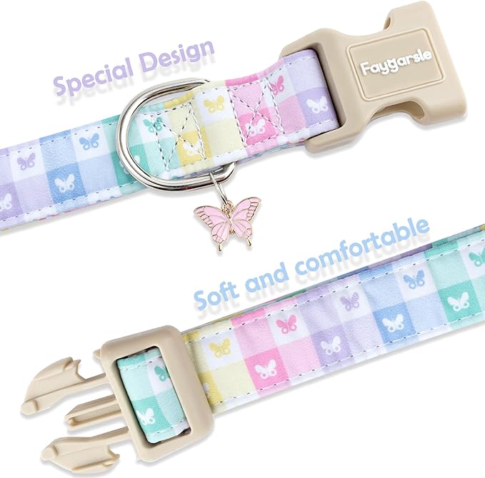 Faygarsle Pastel Butterfly Print Dog Collar, Adjustable with Quick-Release Buckle, Lightweight Summer Design for Small Medium Large Dogs Colorful S