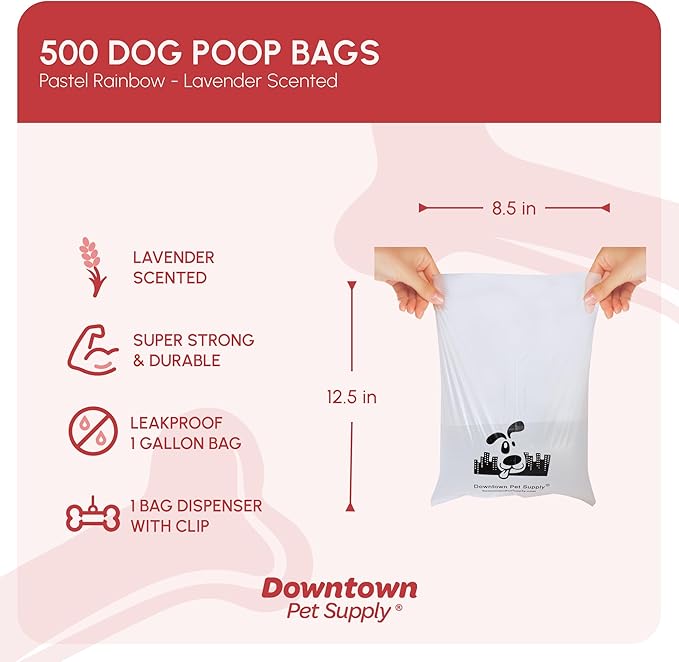 Downtown Pet Supply Scented Poop Bags for Dogs with Dispenser, 500 Count - Leak-Proof Dog Waste Bags and Bone-Shaped Dog Poop Bags Holder for Leash - Lavender Scented, 12.5" x 8.5"