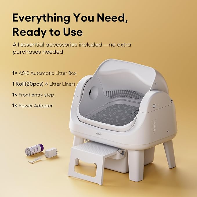 PetPivot Open Top Self Cleaning Cat Litter Box, Automatic Litter Box with 7 Pairs of Safety Sensors, Anti-Pinch Protection and Easy Access Step for Senior Cats, White