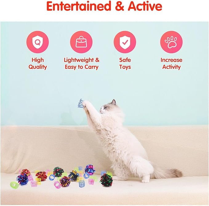 SEVENKA Cat Toys 8 Pcs Color Crinkle Balls and 24 Spring Toy, 2in/5cm Cat Balls, Kitten Toy, Plastic Spiral Springs for Swatting, Biting, Hunting, Active Healthy Play