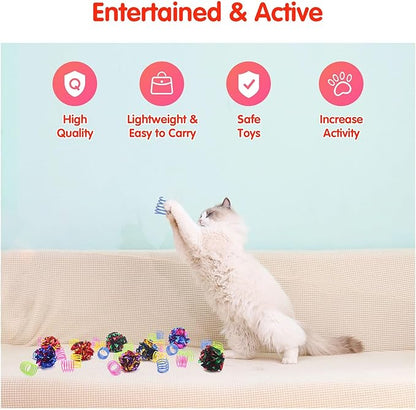 SEVENKA Cat Toys 8 Pcs Color Crinkle Balls and 24 Spring Toy, 2in/5cm Cat Balls, Kitten Toy, Plastic Spiral Springs for Swatting, Biting, Hunting, Active Healthy Play