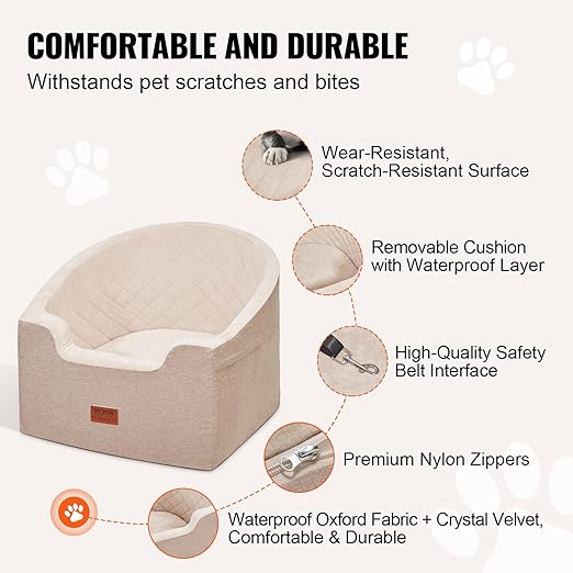 VEVOR Dog Car Seat, Waterproof Dog Booster Seat for Car with a Storage Pocket, Clip-On Safety Leash and Sponge Filling, Pet Bed for Small & Medium Dogs up to 55lbs, Brown