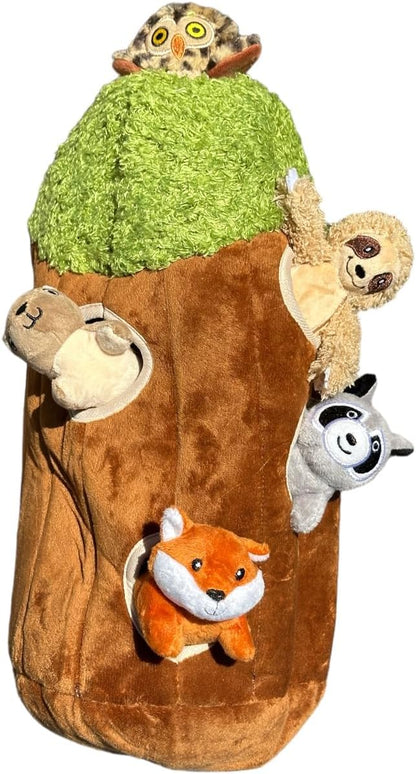 Glow Pups Hide and Seek Dog Toy, Interactive Dog Toy Bundle with Squeaky Plush Woodland Animals, Burrow Toys for Puppies, Large Size, Brown Plush Tree with 5 Animals