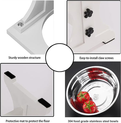 Piskyet Farmhouse Dog Bowls Stand, Elevated Dog Bowl with 2 Stainless Steel Wooden Bowls, 3.5Cups 8.6" H - 30 oz White