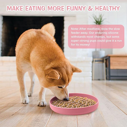 Fhiny Slow Feeder Dog Bowl, Silicone Dog Puzzle Bowl Slow Feeder Puppy Bowls Slow Eating Modern Lick Mat Design Dishwasher Microwave Fit for Fast Eaters, All Small Medium Dogs Puppy Doggy (Pink)