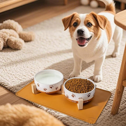Ceramic Dog Bowls, 3.5 Cups Dog Food and Water Bowl Set for Medium Dogs with Wooden Stand and Non-Slip Silicone Food Mat, Weighted Embossed Cute Puppy Bowls Feeding Dishes Set of 2, 32 OZ
