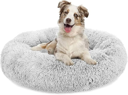 Original Calming Donut Dog and Cat Bed in Shag Fur, Dog Beds for Melium Dogs, Anti Anxiety Round Fluffy Plush Faux Fur Pet Bed, Light Grey, 27.6'' x 27.6''