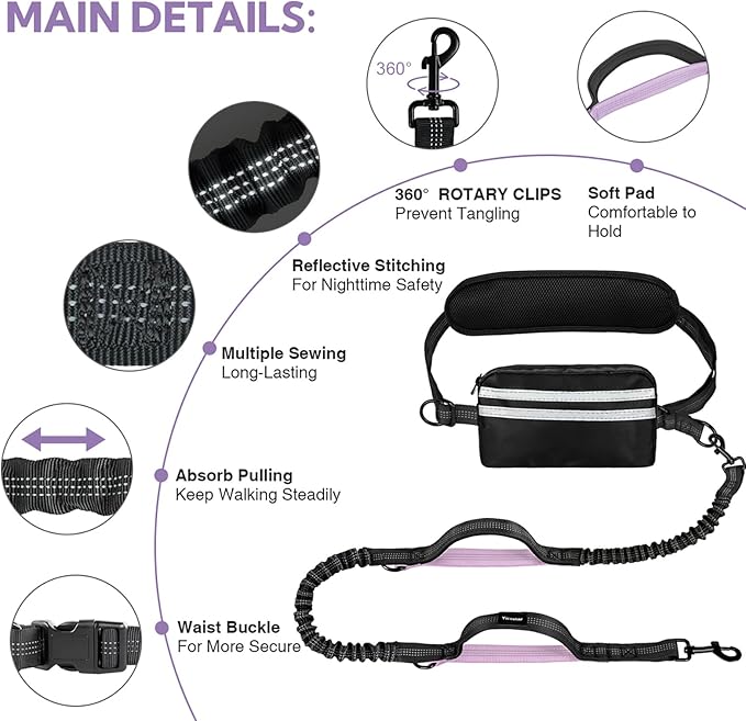 Hands Free Dog Leash, Shcok Abosoring Bungee with Double Padded Handles, Waist Leash for Dog Walking, with Bungee for Medium & Large Dog, Black Purple
