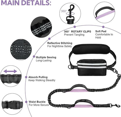 Hands Free Dog Leash, Shcok Abosoring Bungee with Double Padded Handles, Waist Leash for Dog Walking, with Bungee for Medium & Large Dog, Black Purple