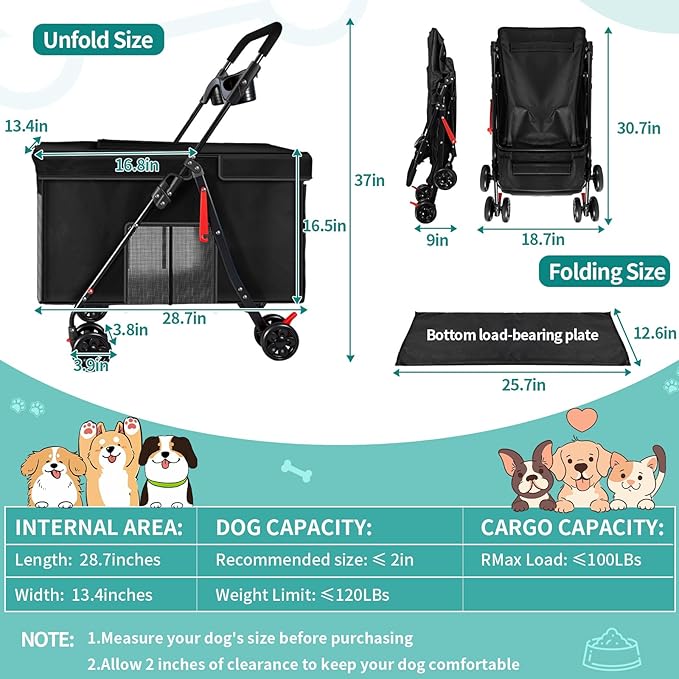 Medium Dog Stroller for Large Dogs, Pet Stroller for Medium Dogs Up to 100lbs, All-Terrain with Handle & Canopy, Storage Organizer, Waterproof Oxford Fiber Black