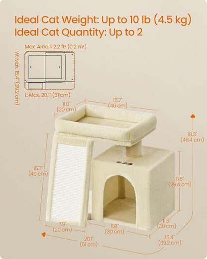 Feandrea Small Cat Tree, Cat Tower Condo, Scratching Ramp, Large Top Perch, Cave, 20.1 x 15.4 x 18.3 Inches, Summer Sand UPCT010LF02S