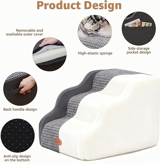 15.7”H Ramp Dog Stairs for Small Dogs, Side Armrest 3 Tier Wider Curved Pet Stairs for Couch and Beds，High-Density Foam Indoor Dog Steps with Non-Slip Bottom and Washable Cover for Old Cats