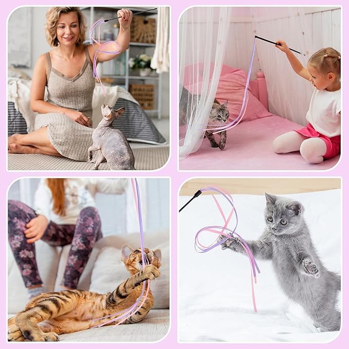 Cat Ribbon Wand Toys, 3pcs Interactive Cat Rainbow Wand String Toys for Indoor Cats Colorful Ribbon Charmer for Kittens Teaser Training Exerciser Playing Catcher Accessories