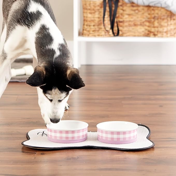 Bone Dry Ceramic Food Bowls, Non-Slip & Dishwasher Safe, Medium Set, 6x2 Pansy Check