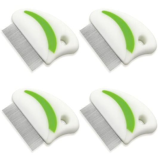 4-Piece Flea & Lice Grooming Comb Set for Dogs and Cats, Stainless Steel Rounded-Tooth Pet Combs with Ergonomic Handle