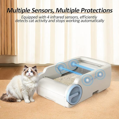 Self Cleaning Cat Litter Box, Open-Top Automatic Litter Box for Multiple Cats with App Control, Safety Protection, Ultra-Quiet, Odor Control Includes 2 Roll Garbage Bags and 1 Litter Mat, White & Blue