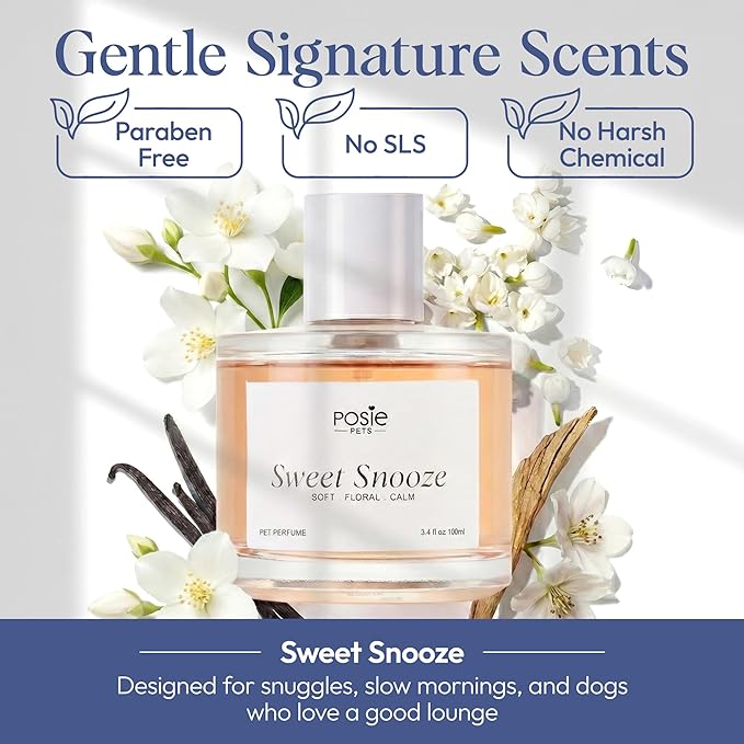 Dog Cologne Spray with Long Lasting Jasmine, Musk, and Vanilla Scent - Vegan Alcohol-Free Pet Deodorizer for Smelly Dogs - Water-Based Luxury Puppy Grooming Fragrance - Sweet Snooze 3.4FlOz