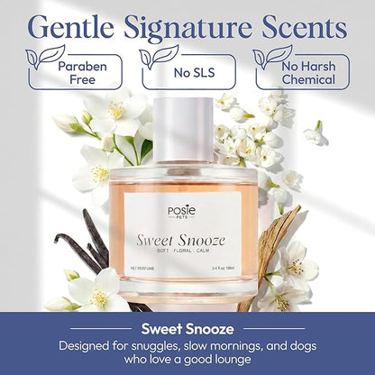 Dog Cologne Spray with Long Lasting Jasmine, Musk, and Vanilla Scent - Vegan Alcohol-Free Pet Deodorizer for Smelly Dogs - Water-Based Luxury Puppy Grooming Fragrance - Sweet Snooze 3.4FlOz