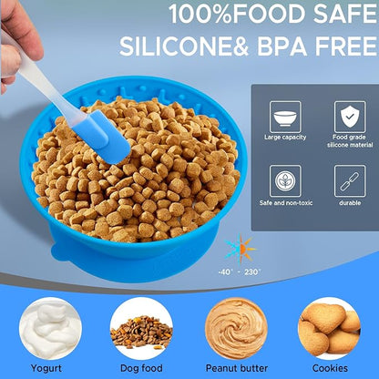 Dog Lick Bowl – Silicone Lick Mat for Dogs,Freezer-Safe, Slow Feeder, Non-Slip Base, Includes Brush & Scraper, Large Opening for Anxiety Relief & Oral Health, Ideal for Frozen Treats (Blue)-Large