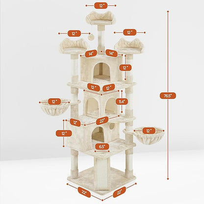 Yaheetech 76.5in Multi-Level Large Cat Tree, Big Cat Tower with 3 Condos, Cozy Plush Perches, 9 Sisal Scratching Posts and Ladder, Activity Center for Large Kitties, Beige