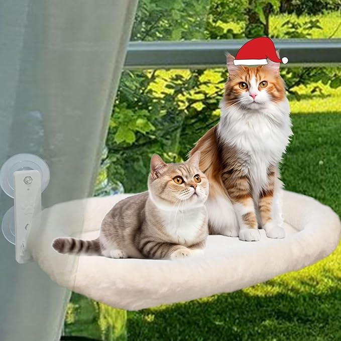 Extra Large Cat Window Perch (23.8×11.8in) - Washable 2-Season Fabric Cover, 4 Strong Suction Cups, Solid Metal Frame - Foldable Cat Hammock for Large Cats/2 Cats, Cordless Design (White)