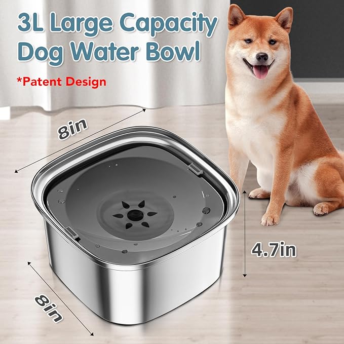 UPSKY 3L Dog Water Bowl 101oz Stainless Steel No Spill Large Capacity Dog Food Water Bowl Slow Water Feeder, Spill Proof Pet Water Dispenser Vehicle Carried Travel Water Bowls
