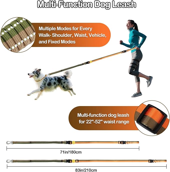 EVERKING 6-in-1 Hands-Free Dog Leash, Adjustable Elastic Reflective Nylon, Dual-Handle Shock Absorbing, 6 Feet, for Small to Large Dogs 30-150lbs (Golden Olive)