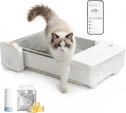 Self-Cleaning Cat Litter Box - Open Top Automatic Litter Box with Weight Sensors & App Control, Multiple Cats Friendly, Odor-Free, Works with Clumping Bentonite Mineral Litter