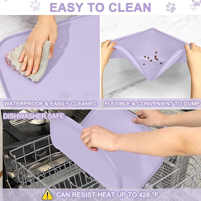 Silicone Pet Food Mat with Raised Edge for Food and Water Bowl, Dog Feeding Mats, Cat Food Trays for Floor Waterproof, Rubber Tray for Dogs and Cats, 22 x 14 x 0.8 Light Purple