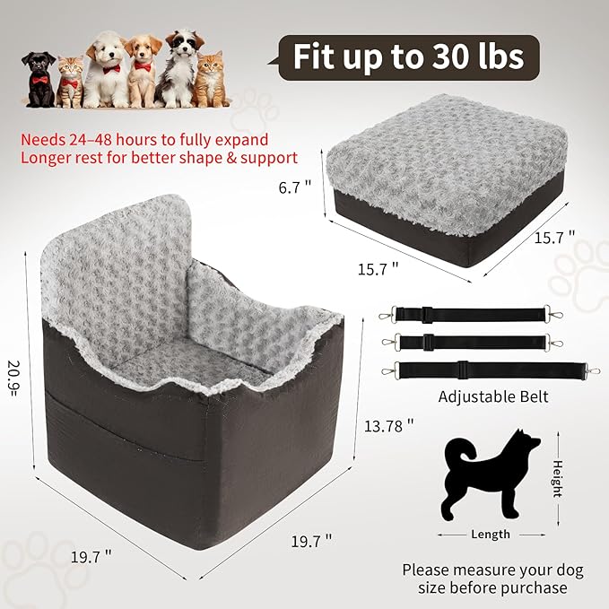 Dog Car Seat for Small Medium Dogs - 6.7inch Elevated Dog Booster Car Seats wih Soft Rose Velvet, Washable Travel Pet Carseat with 2 Safety Leashes and Storage Pockets(Grey/Black Coffee)
