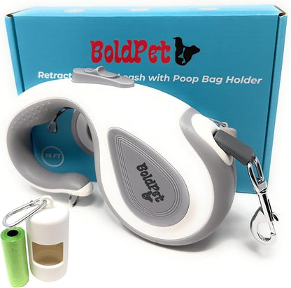 BoldPet® Retractable Dog Leash with Poop Bag Holder for Dogs up to 100 lbs - Heavy Duty 16 Ft Nylon Tape with 360°Tangle-Free Swivel Hook - Anti-Slip Ergonomic Handle for Comfortable Control