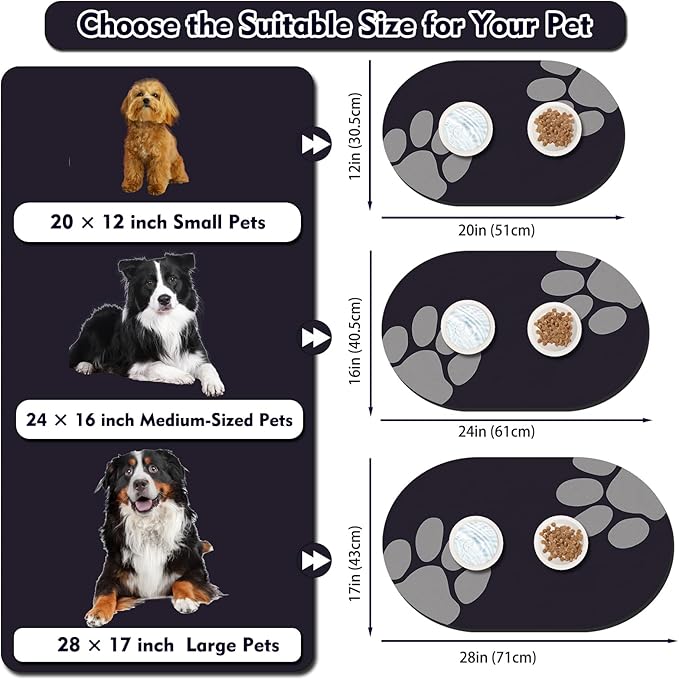 Large Pet Feeding Mat – 28''x17'' Absorbent Dog Mat for Food and Water, Easy Clean Cat Dog Water Bowl Mat, Non-Slip Pet Water Mat Protect Floor, Fit with Automatic Feeders and Double-Bowl