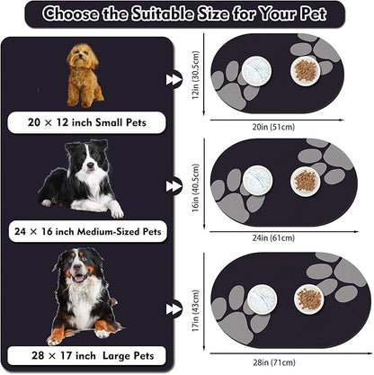 Pet Feeding Mat – 20''x12'' Absorbent Dog Food Mat, Pet Water Mats Protect Floor, No Stains Quick Dry Bowl Mats, Non-Slip Rubber Base Pets Placemats for Food and Water, Black Paw