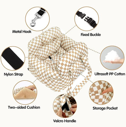 Dog Car Seat for Small Dogs, Portable Puppy Car Seat of Easy Installation, Fashionable Pet Carrier Bag with Large Pockets, Machine Washable Dog Booster Seat (Checkered Khaki)