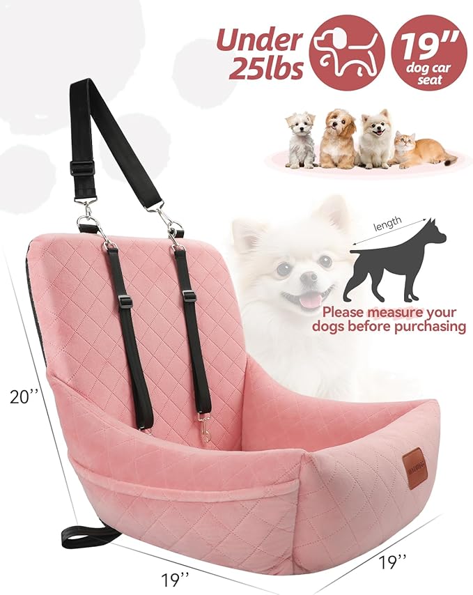 WOOAIDAGG Dog Car Seat for Small Dogs Up to 25lbs,Soft Washable Fabric Fill in Memory Foam,Easy to Assemble with 2 Clip-On Safety Leashes and Storage Pockets,Front or Back Seat are Both OK (Pink)