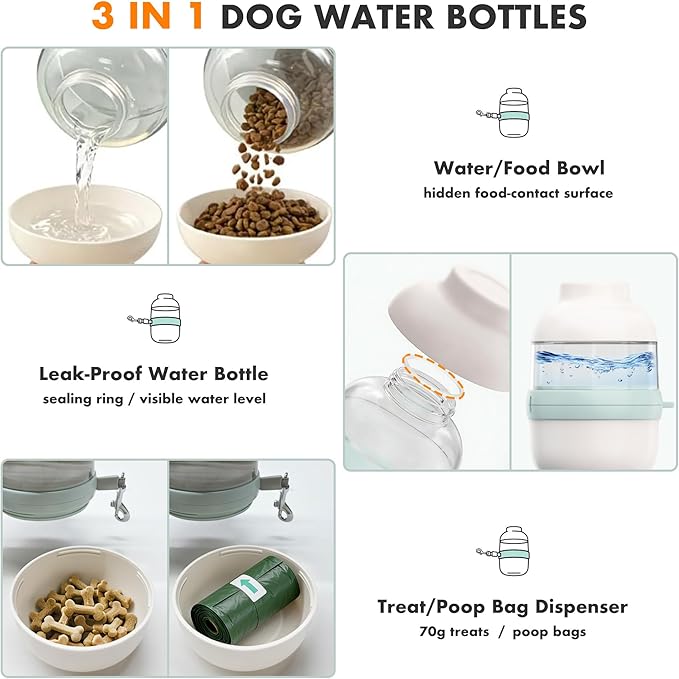 Dog Water Bottle Portable with Hands Free Leash, 3 in 1 Dog Water Bottles for Walking with Crossbody Strap, Retractable Leash & Treat Poop Bag Dispenser for Small Dogs Travel Hiking(Off-White)