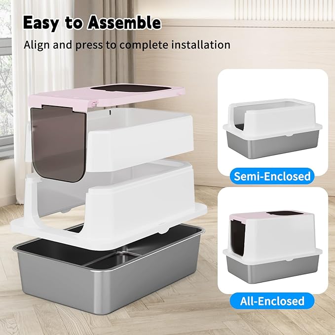 RIZZARI Enclosed Cat Litter Box: Extra Large Pink Litter Pan with Top Exit & Anti-Leak Design - Teflon Non-Stick Coating Stainless Steel Cleaning - Odor-Control in Garage Utility Room