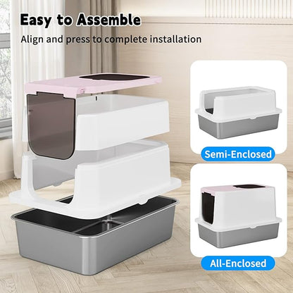 RIZZARI Enclosed Cat Litter Box: Extra Large Pink Litter Pan with Top Exit & Anti-Leak Design - Teflon Non-Stick Coating Stainless Steel Cleaning - Odor-Control in Garage Utility Room
