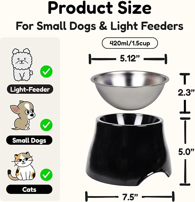 2 Pack Elevated Spaniel Dog Bowl, Melamine Raised Dog Food Bowl for Long-Eared Dogs, Raised Dog Bowls for Small & Medium Dogs, Stainless Steel Inner Bowl, Non-Slip Base (Black*2, 420 mL/1.5 Cups)