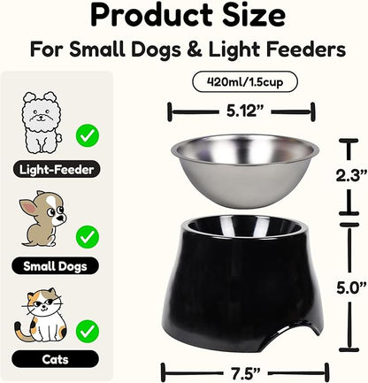 2 Pack Elevated Spaniel Dog Bowl, Melamine Raised Dog Food Bowl for Long-Eared Dogs, Raised Dog Bowls for Small & Medium Dogs, Stainless Steel Inner Bowl, Non-Slip Base (Black*2, 420 mL/1.5 Cups)