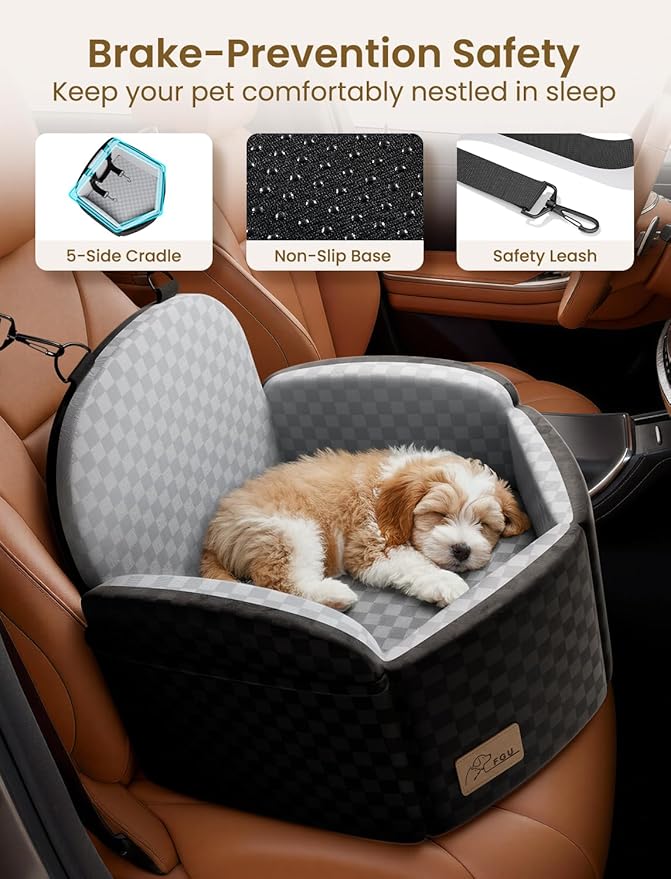 Dog Car Seat for Small/Medium Dogs Up to 35 lbs, Elevated Memory Foam Dog Booster Seat with 2 Safety Belts, Travel Safety Pet Car Seat with Detachable Washable Cover and Storage Pockets (Black/Grey)