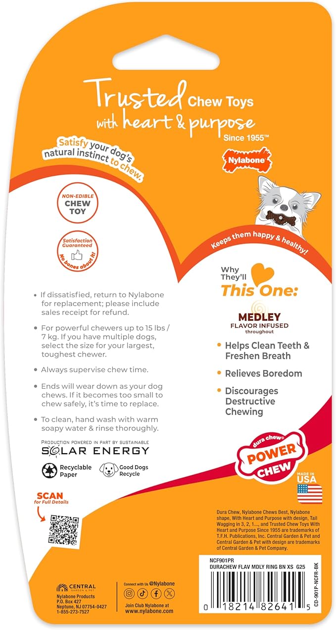 Nylabone Ring Bone Power Chew Toy for Dogs, Durable Dog Toys for Aggressive Chewers, Dog Chew Bone, Long Lasting Flavor Medley Flavor, For X-Small Dogs - Up to 15 lbs, 1 Count