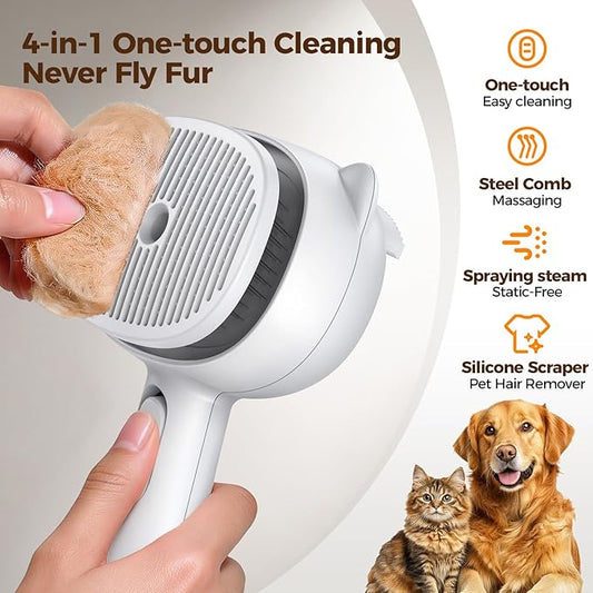Self Cleaning Shedding Steam Cat Brush, Silicone Scraper Included Dog Brush, Adorable Bear Design, primecat, Cat Brushes for Shedding, USB Rechargeable, for Grooming & Haired Pets, Dogs & Cats, White