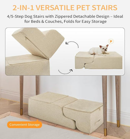 Made4Pets Dog Stairs Ramp for High Bed 22.8" H, 5-Step Pet Stairs for Bed Couch Sofa Climbing, 35D Foam Pet Steps for Small Dogs and Cats, Non-Slip Bottom Dog Steps, Beige