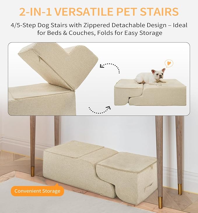 Made4Pets Dog Stairs Ramp for Small Dogs 15.7" H, 3-Step Dog Steps for Bed Couch Sofa and Chair, 35D Foam Pet Steps for Small Dogs and Cats, Non-Slip Bottom Pet Stairs, Beige