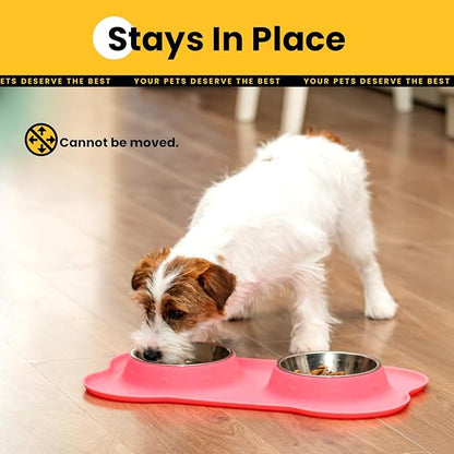 Stainless Steel Dog Bowls with Non-Slip Silicone Mat, Spill Proof Food & Water Bowls Set, Easy Clean Puppy Food Dish, Dishwasher Safe, Suitable for Dogs Cats Pet Under 20lbs, Small, Pink