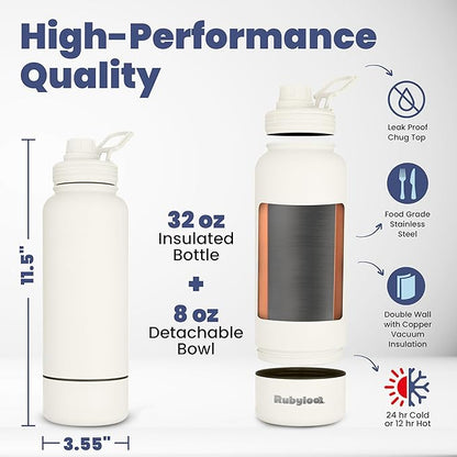 Dog Water Bottle for Dog Lovers - 32 oz Stainless Steel Double Wall Insulated Water Bottle with 8 oz Detachable Bowl on Bottom for Doggy Lovers for Hiking, Walks, Travel - Cream